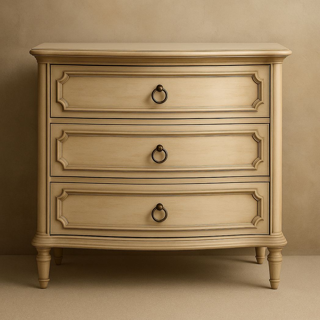 Commode 3 tiroirs en bois avec poignées en métal, beige, 90 cm de haut, 100 cm de large, 45 cm de profondeur