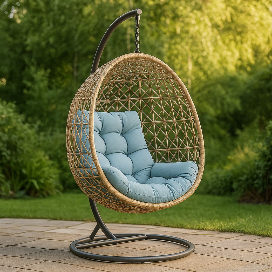 Chaise Suspendue Ovale Rotin Synthétique Coussin Polyester Bleu