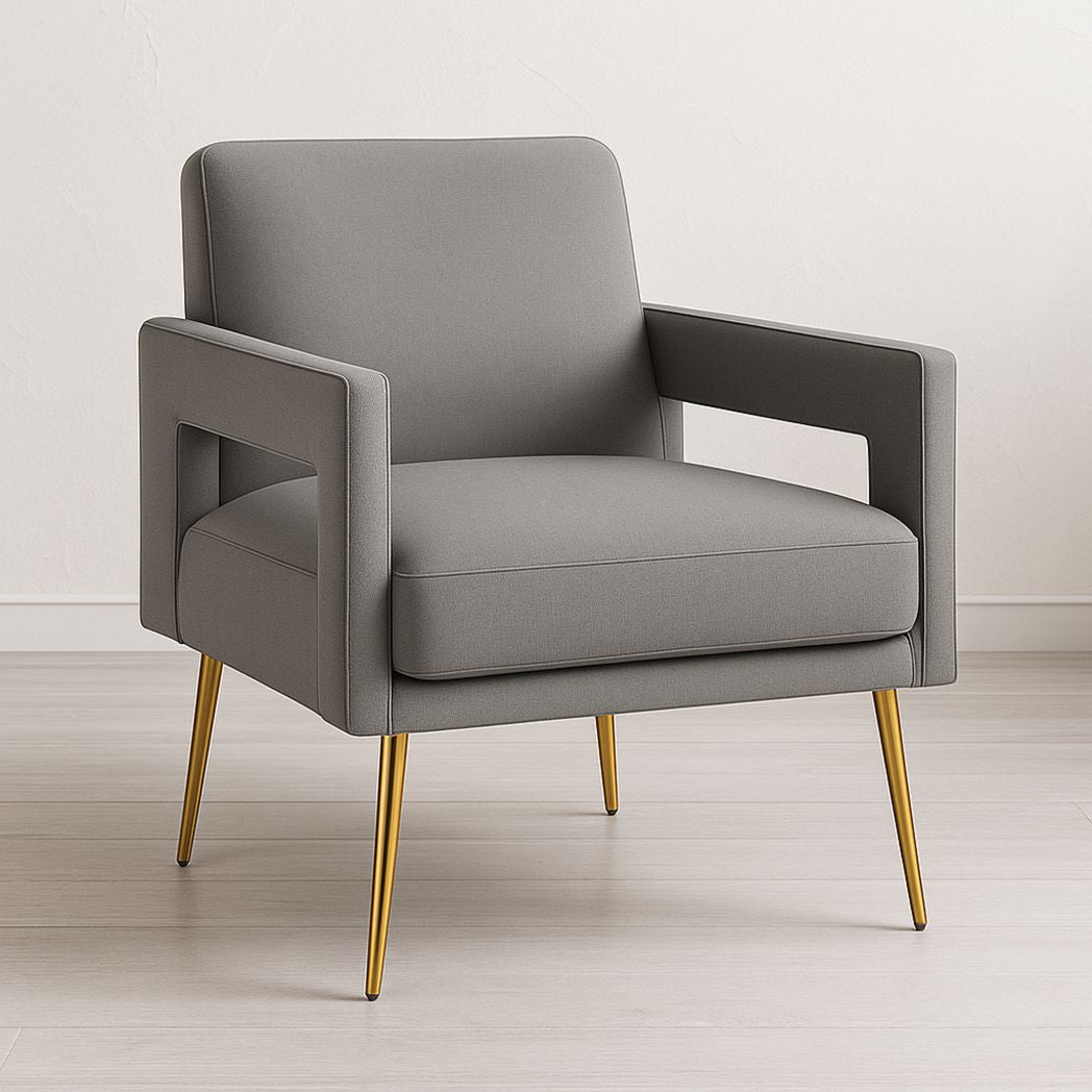 Fauteuil en tissu gris avec pieds en métal doré