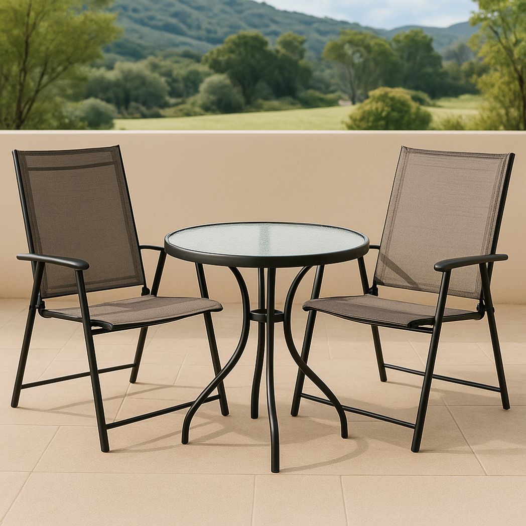 Ensemble de meubles d'extérieur en métal noir avec table ronde en verre et 2 chaises pliantes