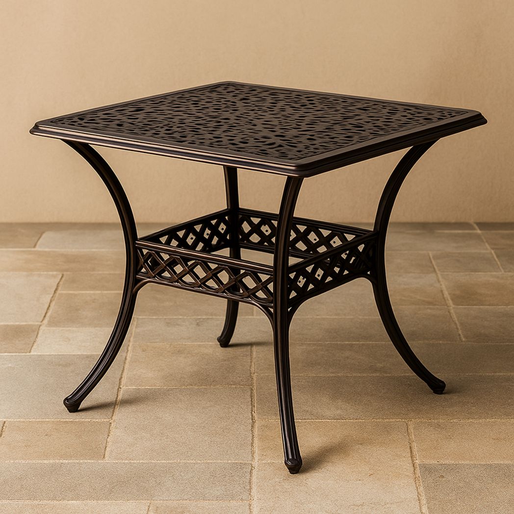 Table de jardin carrée en aluminium moulé ajouré marron, 80x80x75 cm