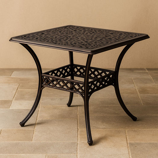 Table de jardin carrée en aluminium moulé ajouré marron, 80x80x75 cm