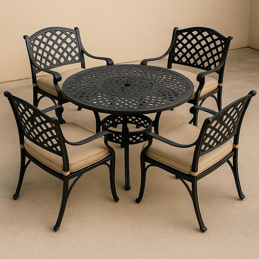 Ensemble de Table et Chaises de Jardin en Aluminium Noir avec Coussin Beige, Table Ronde Ø106 cm, 5 Pièces