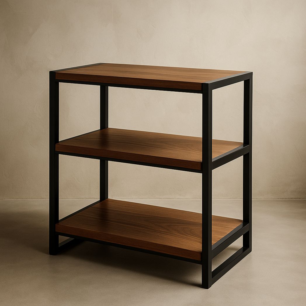 Etagère de rangement rectangulaire en métal noir et bois de noyer avec trois niveaux