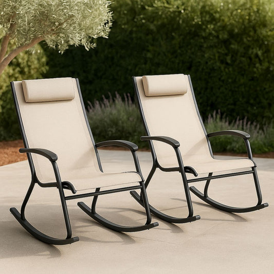 Ensemble de Deux Chaises à Bascule Extérieur en Aluminium avec Tissu Beige et Coussins