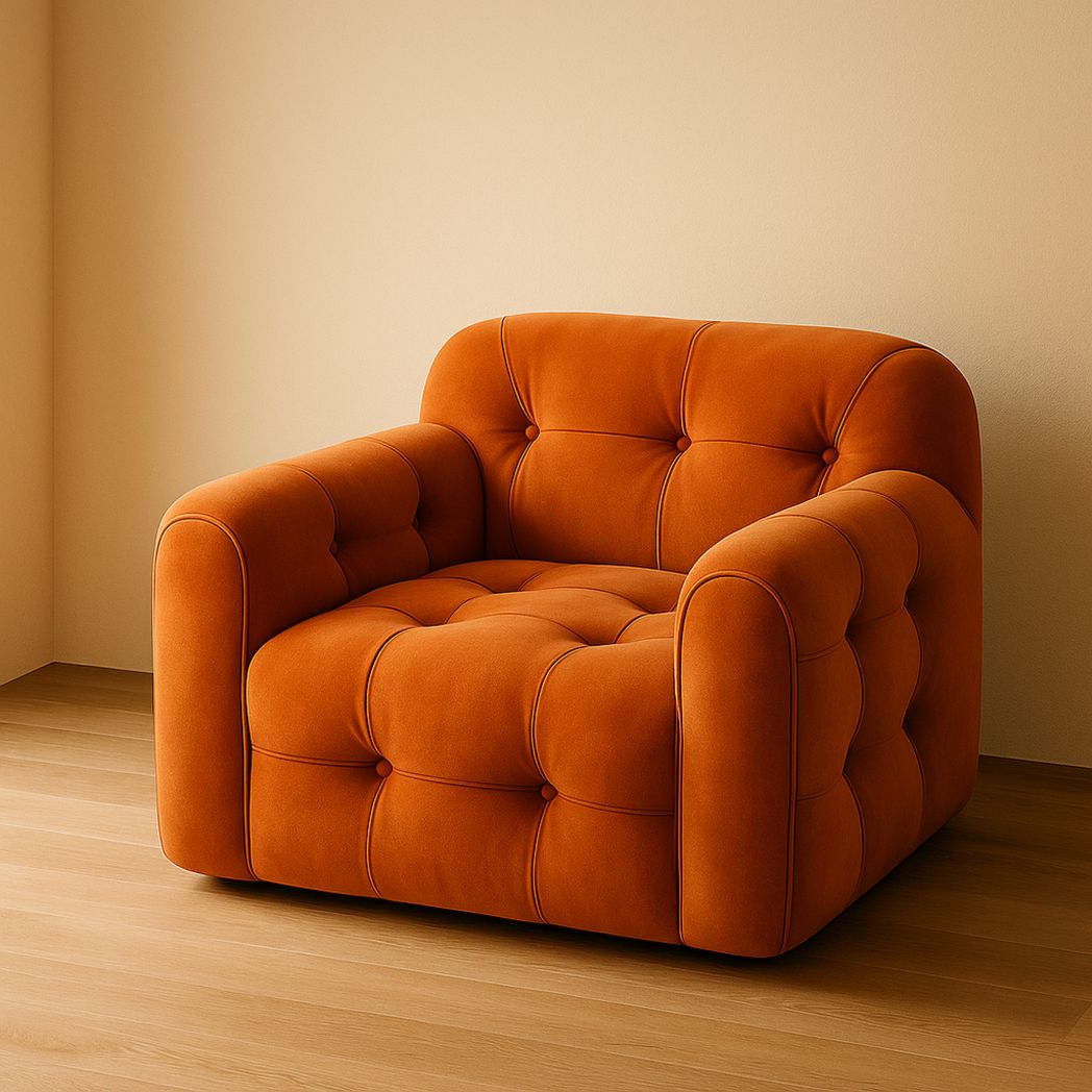 Fauteuil en velours orange avec rembourrage mousse, dimensions 90x100x90 cm