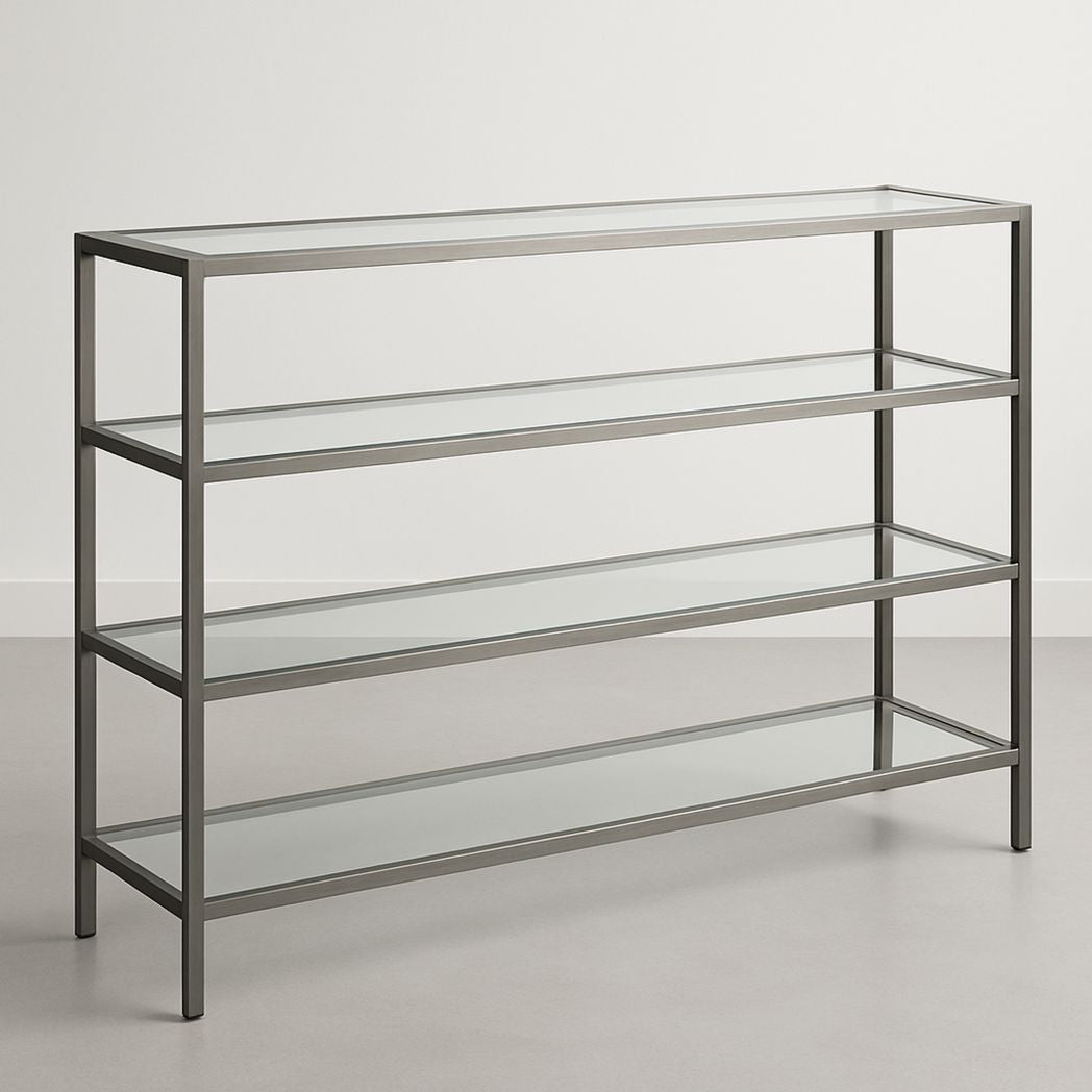 Etagère de rangement en métal et verre trempé rectangulaire 4 niveaux 120x40x90 cm Transparent/Argent