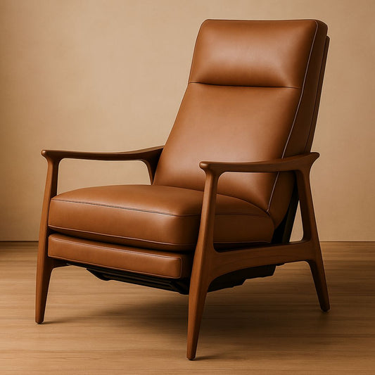 Fauteuil inclinable en cuir PU marron clair avec cadre en bois de hêtre
