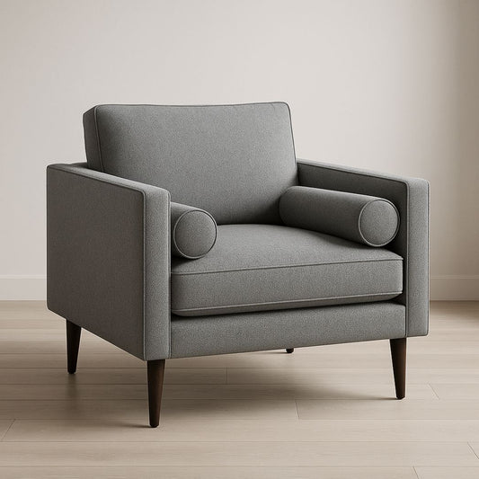 Fauteuil carré en tissu polycoton avec accoudoirs et pieds en bois, Gris, 75x85x90 ​​cm