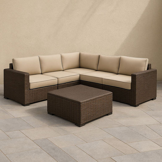 Ensemble de mobilier d'extérieur en résine tressée avec canapé d'angle et table basse, structure en acier galvanisé, Beige/Marron